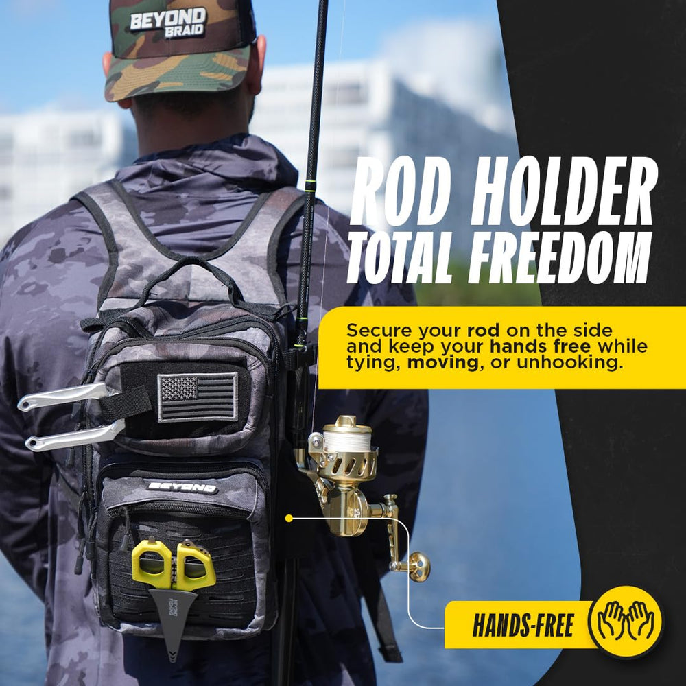 Rod holder and bottle holder on The Voyager Black Onyx backpack