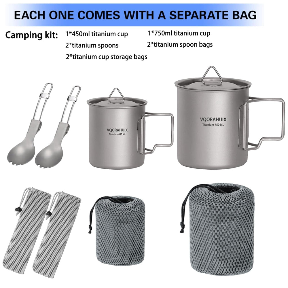 VQORAHUIX titanium camping cup 450ml ideal for hot beverages on trails.