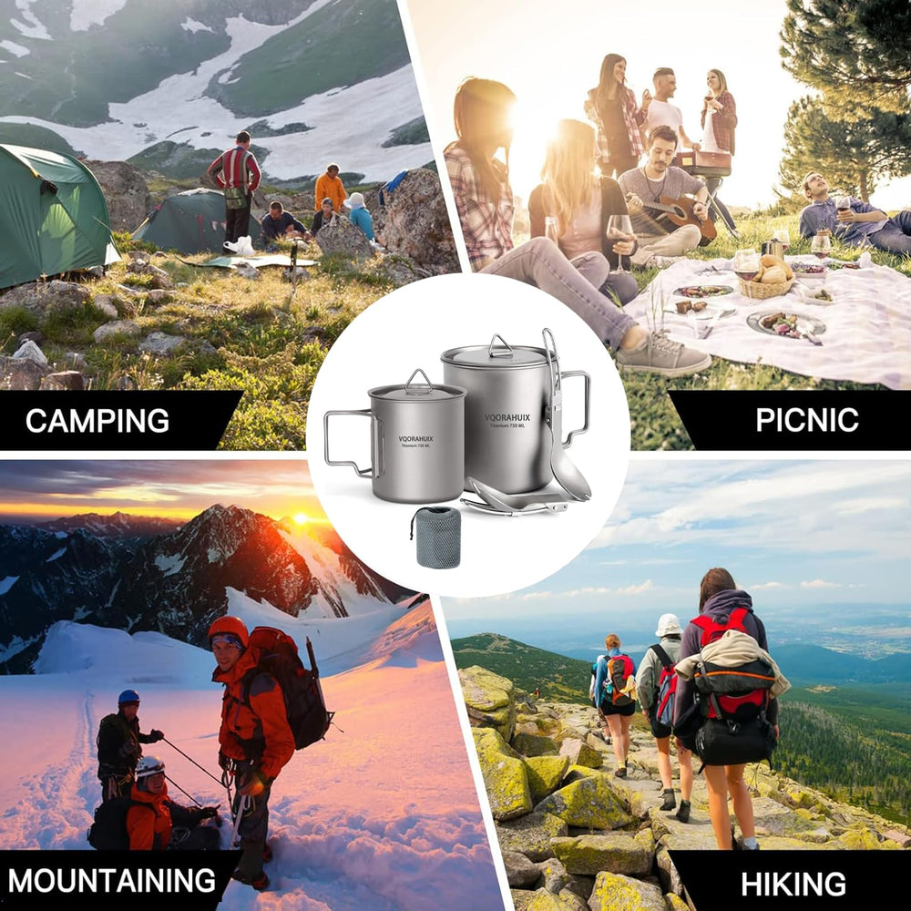 VQORAHUIX compact titanium cookware set ready for camping trips.