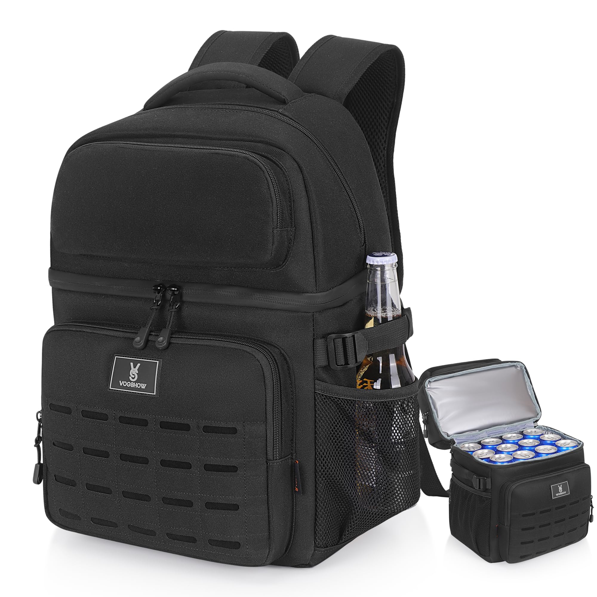 VS VOGSHOW insulated double-deck cooler backpack front view showing 36-can capacity for camping