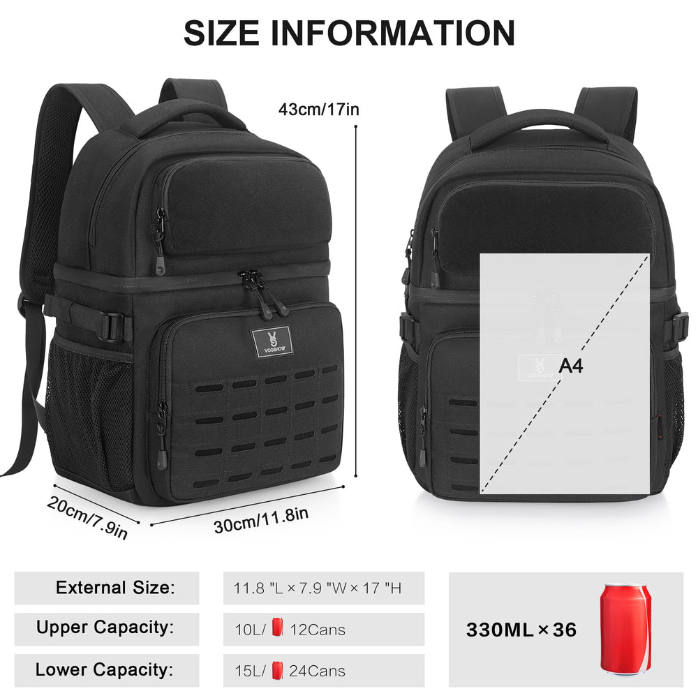 VS VOGSHOW insulated double-deck cooler backpack interior view with two insulated compartments for organized storage