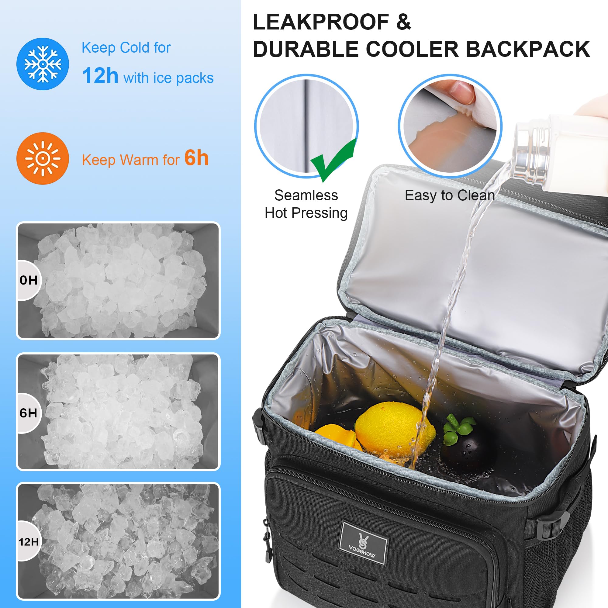 VS VOGSHOW insulated double-deck cooler backpack upper insulated compartment for beverages