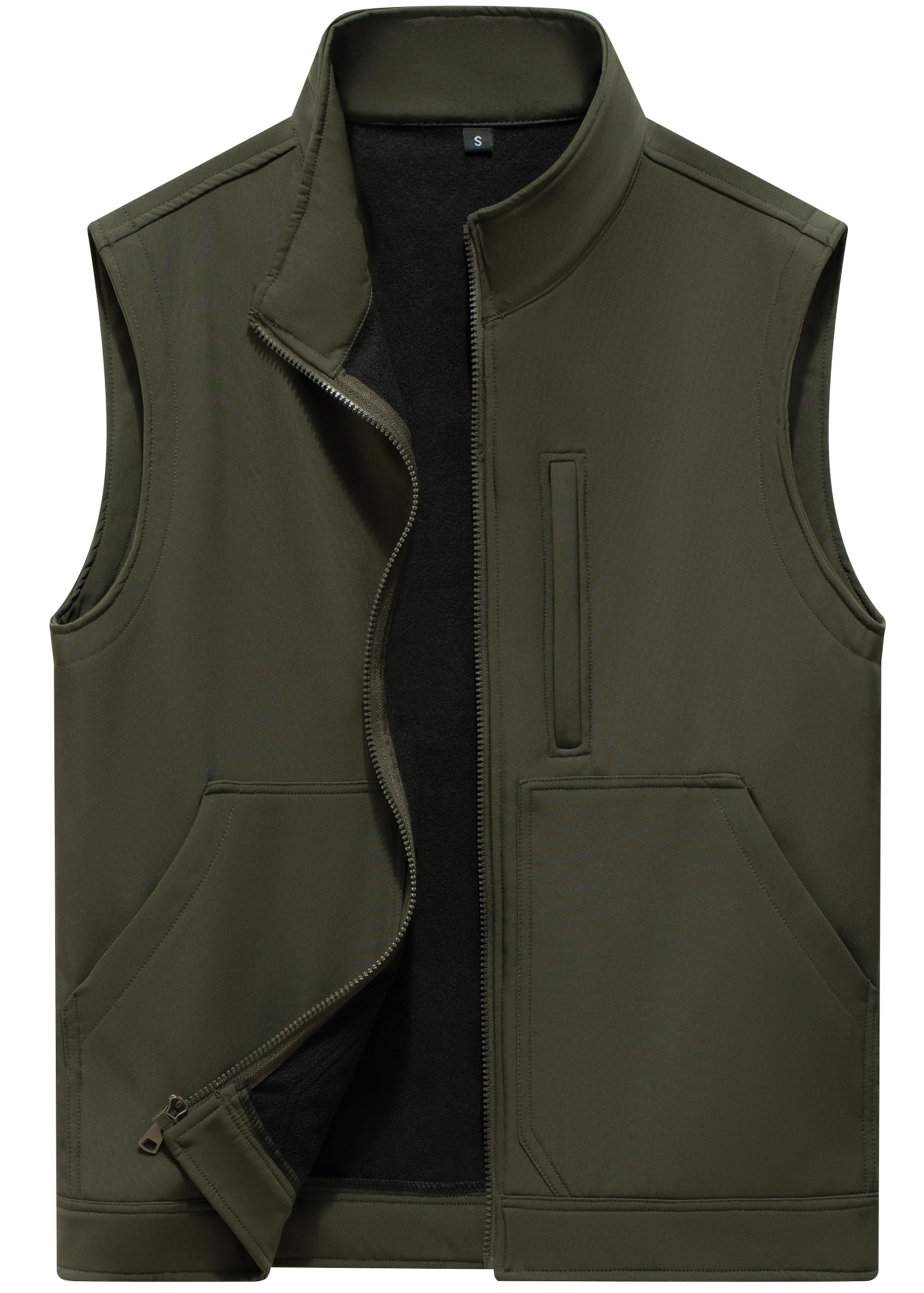 VtuAOL lightweight softshell vest front view in army green provides windproof warmth.