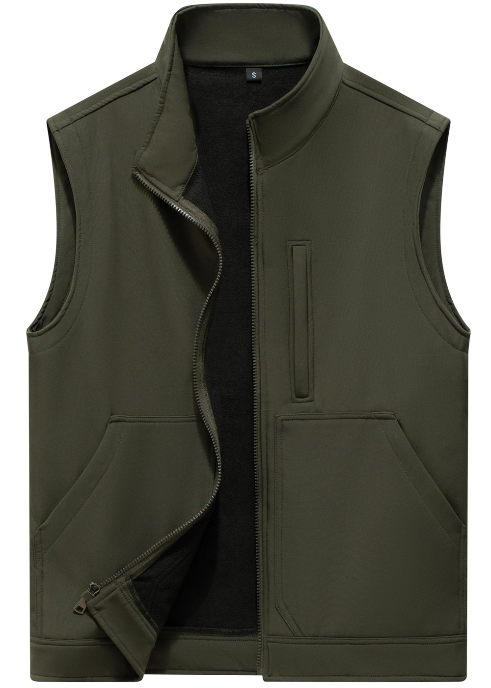 VtuAOL lightweight softshell vest front view in army green provides windproof warmth.