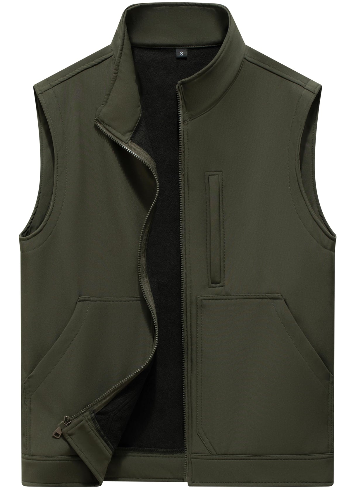 VtuAOL lightweight softshell vest front view in army green provides windproof warmth.