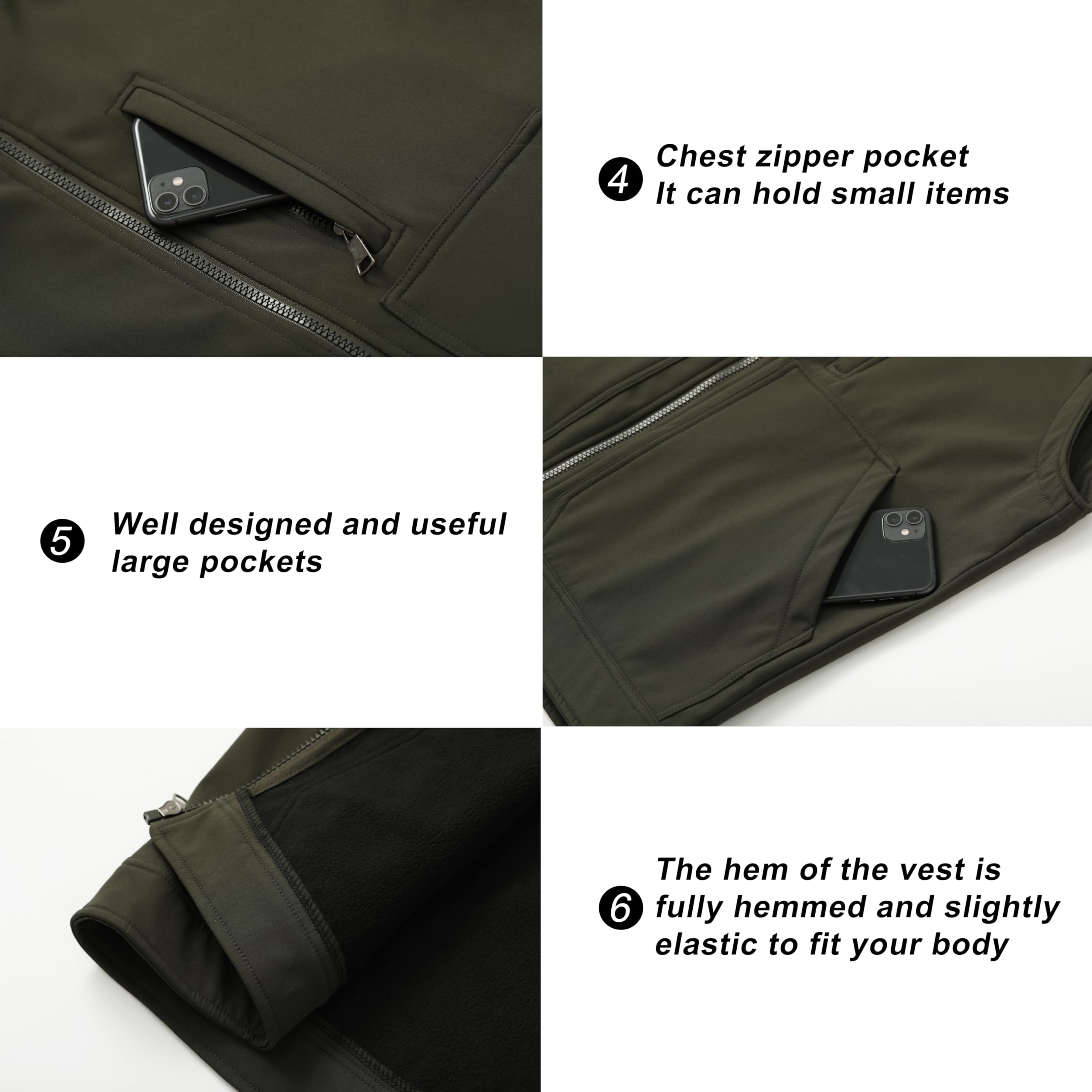 VtuAOL vest pocket closeup shows deep pockets for essentials during outdoor activities.