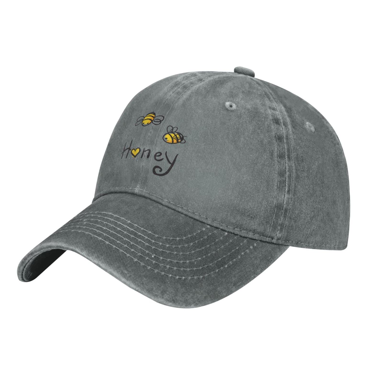 VunKo Bee Love denim hat side view showing curved brim and adjustable fit