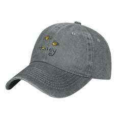 VunKo Bee Love denim hat side view showing curved brim and adjustable fit