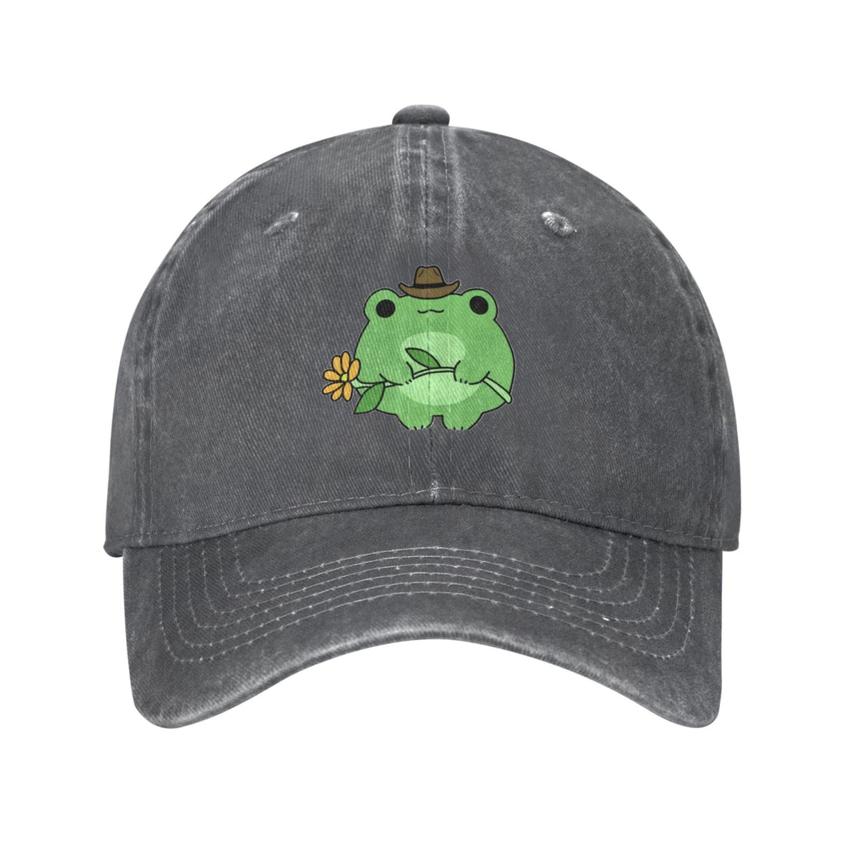 VunKo cute frog flower hat front view shows vintage distressed denim for everyday casual wear