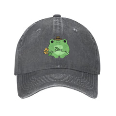 VunKo cute frog flower hat front view shows vintage distressed denim for everyday casual wear