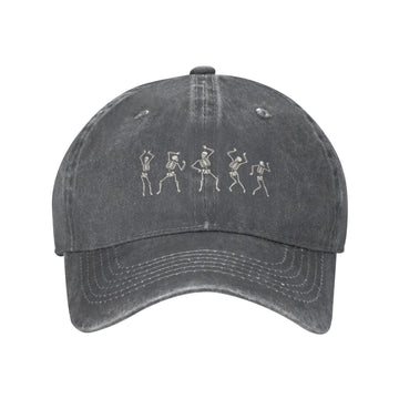 VunKo Dancing Skeletons hat front view in vintage washed denim for casual street style.