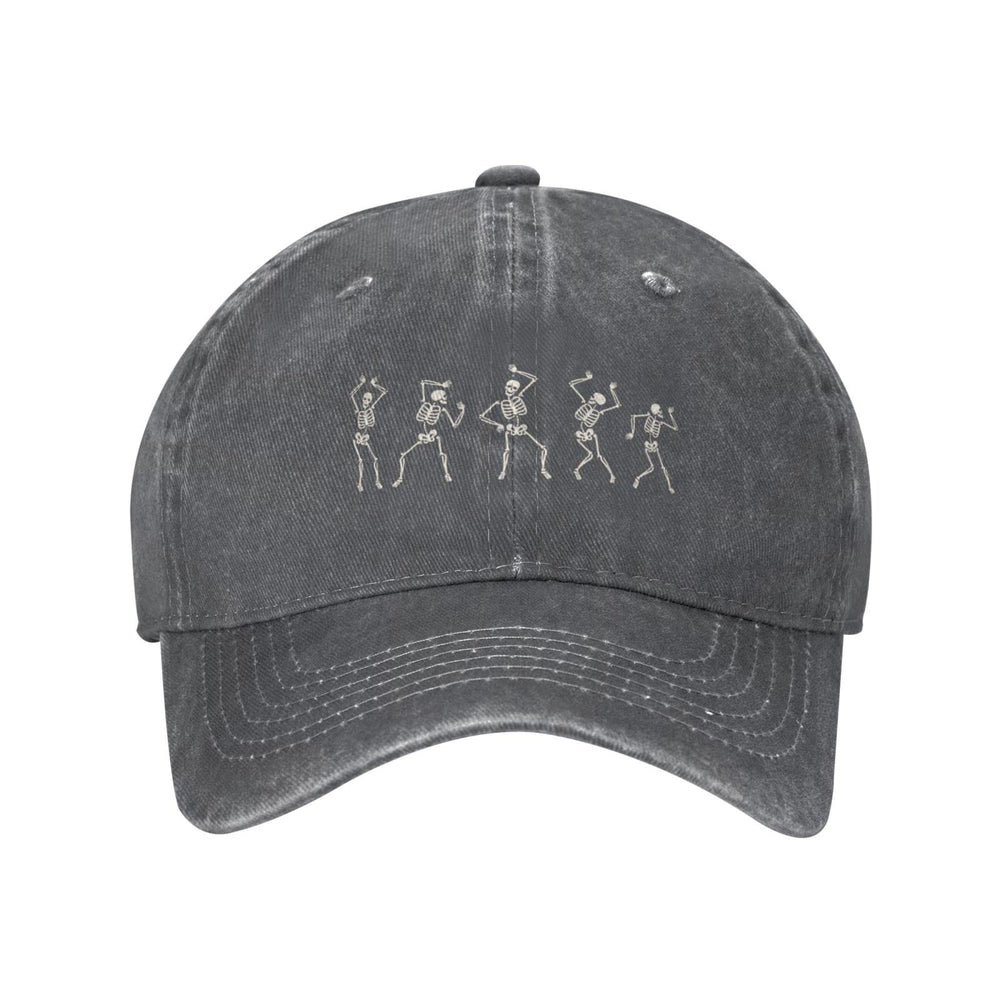 VunKo Dancing Skeletons hat front view in vintage washed denim for casual street style.
