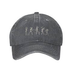 VunKo Dancing Skeletons hat front view in vintage washed denim for casual street style.