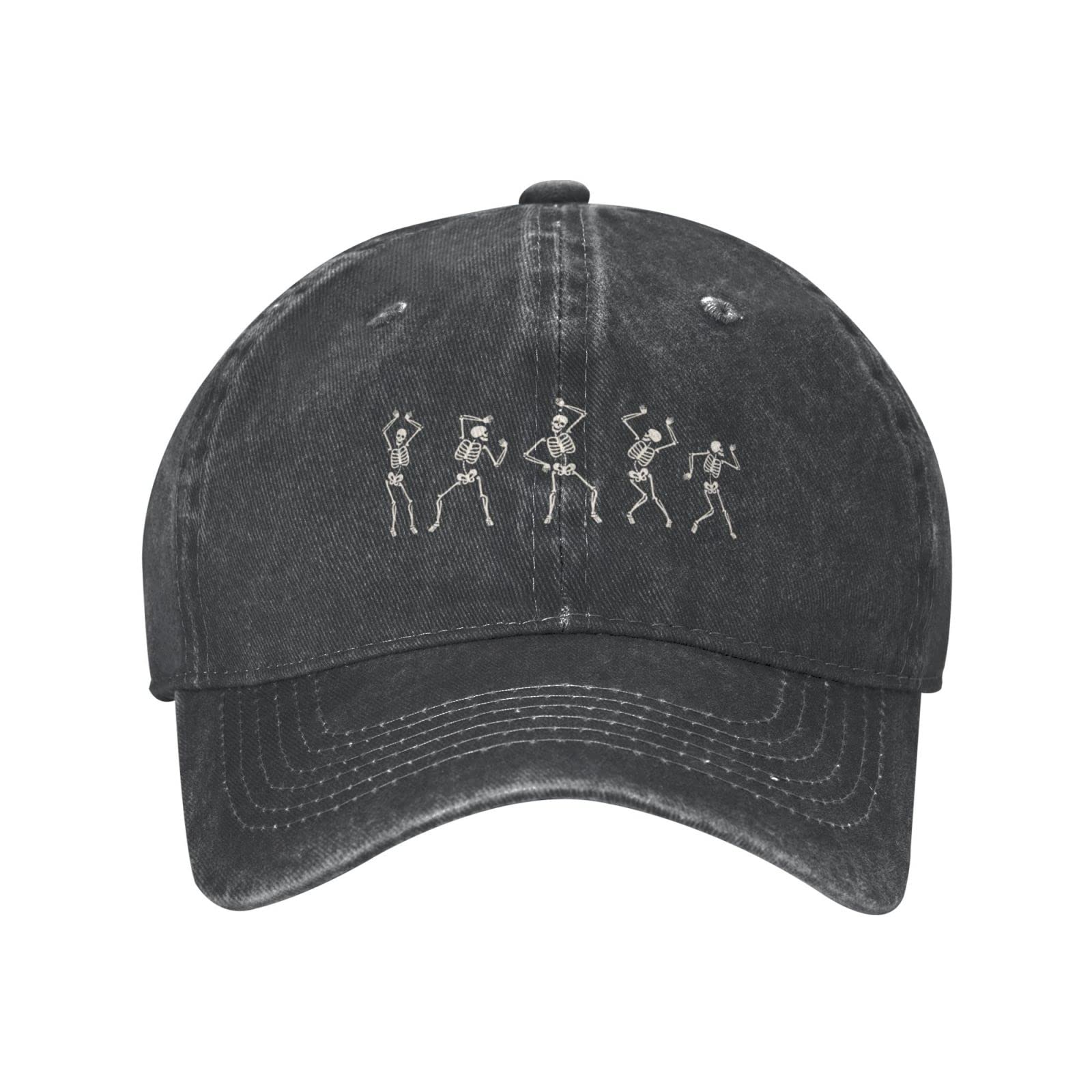 VunKo Dancing Skeletons hat front view showcases vintage denim with versatile streetwear appeal.