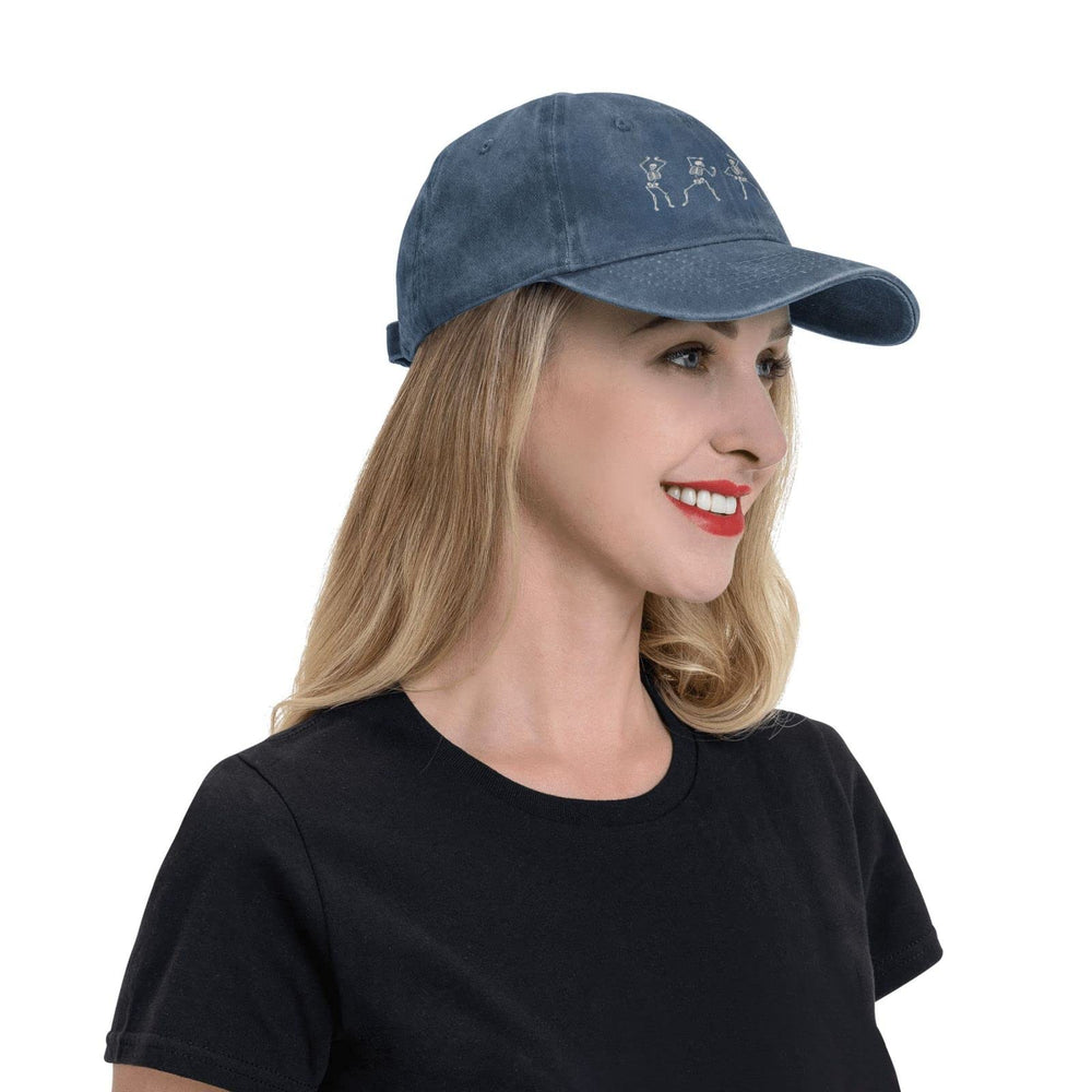 VunKo Dancing Skeletons navy cap washed denim fabric, lightweight and fade-resistant.