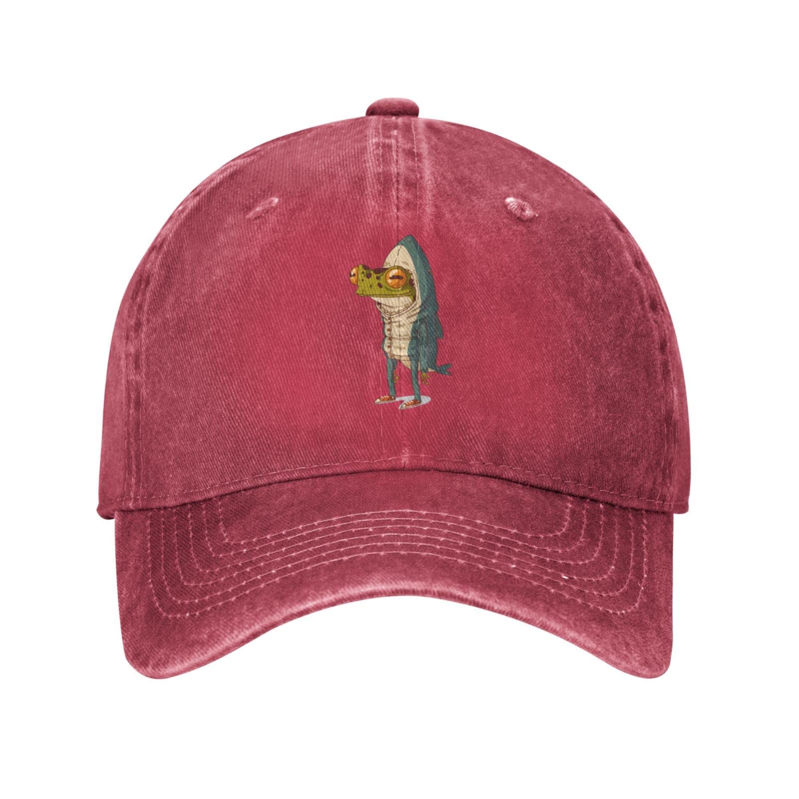 VunKo Frog Shark Red cap front view in vintage distressed denim for everyday wear