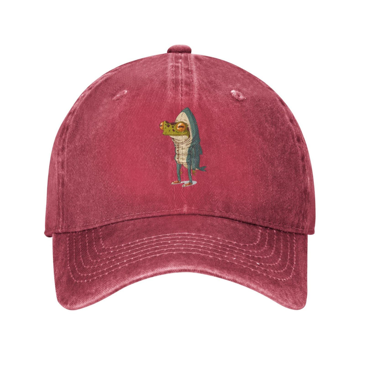 VunKo Frog Shark Red cap front view in vintage distressed denim for everyday wear