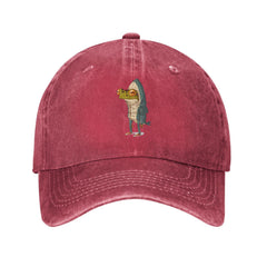 VunKo Frog Shark Red cap front view in vintage distressed denim for everyday wear