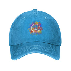 VunKo Hippie Peace blue washed denim cap front view enhances casual street style