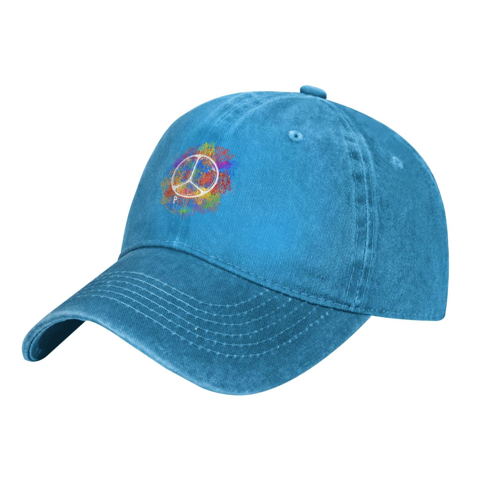 VunKo Hippie Peace blue denim cap side view shows adjustable buckle for fit