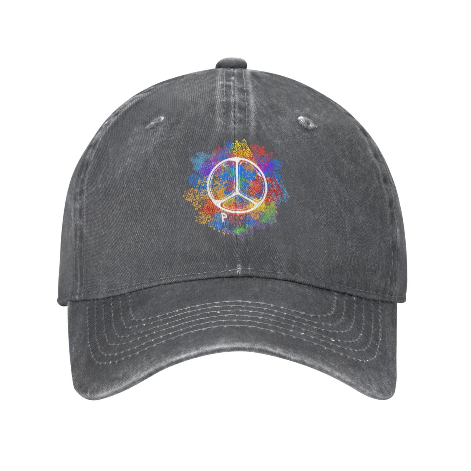 VunKo hippie peace symbol cap in washed denim offers durable casual style.