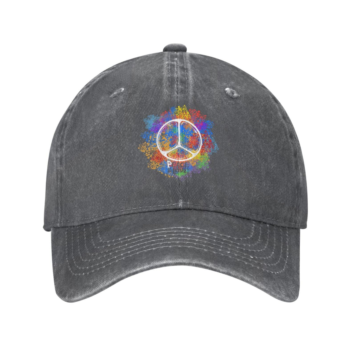 VunKo hippie peace symbol cap in washed denim offers durable casual style.