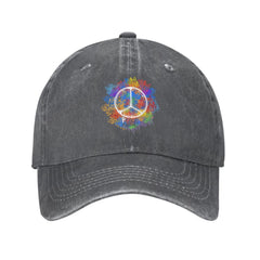 VunKo hippie peace symbol cap in washed denim offers durable casual style.
