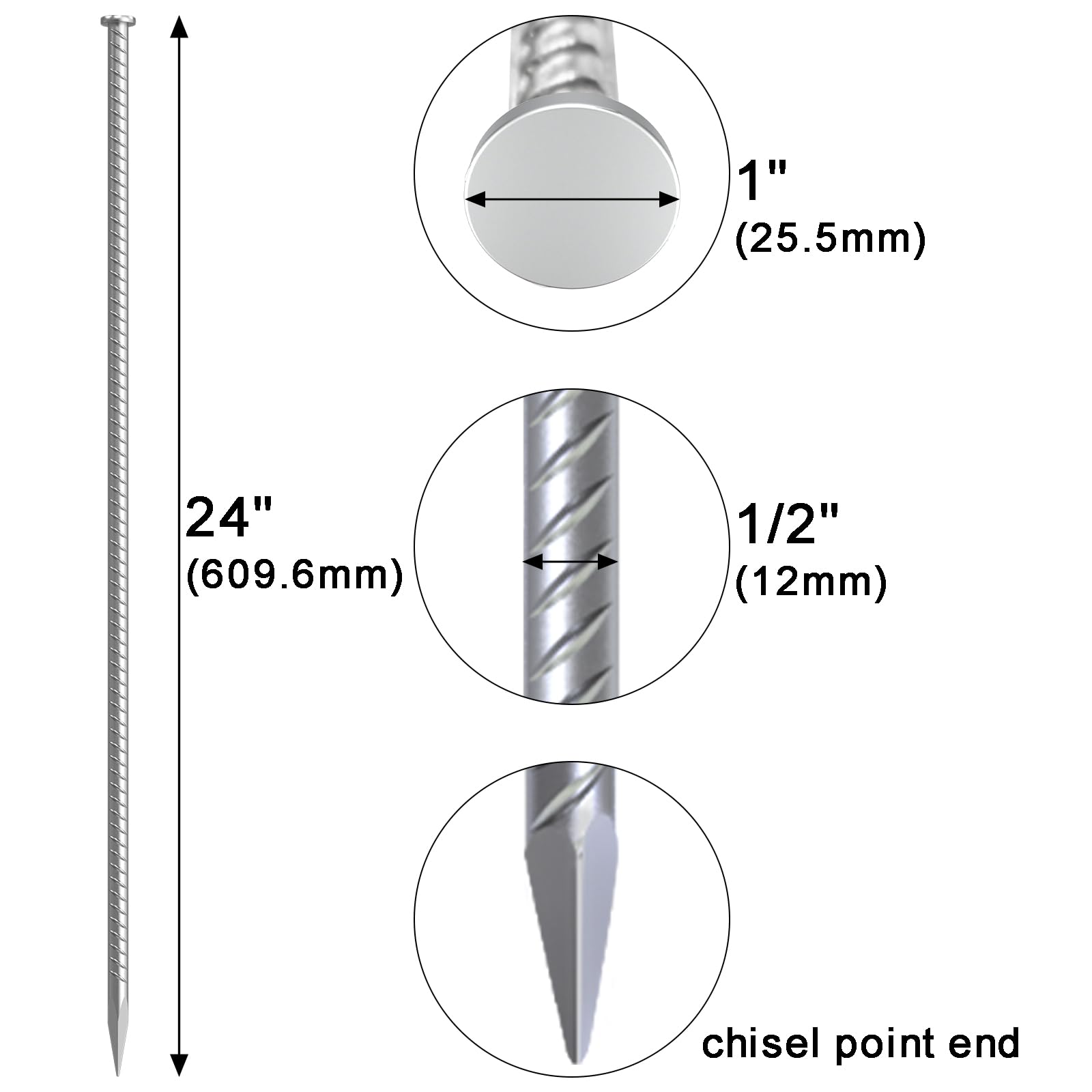 VVOKGO chisel-point end stake demonstrates quick penetration into asphalt, concrete, wood, or sand.
