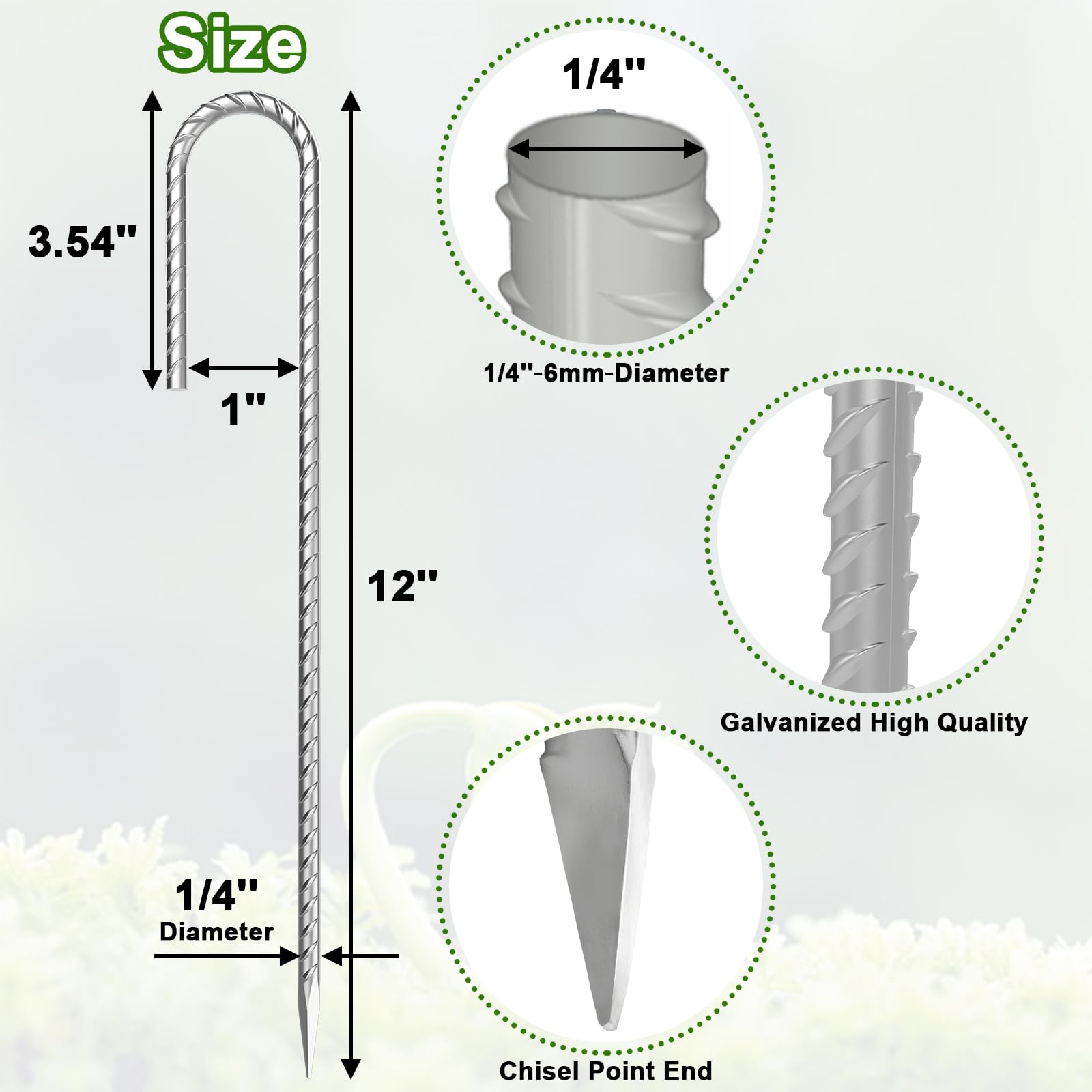 VVOKGO galvanized stakes 1/4-inch diameter provide durable ground anchoring.