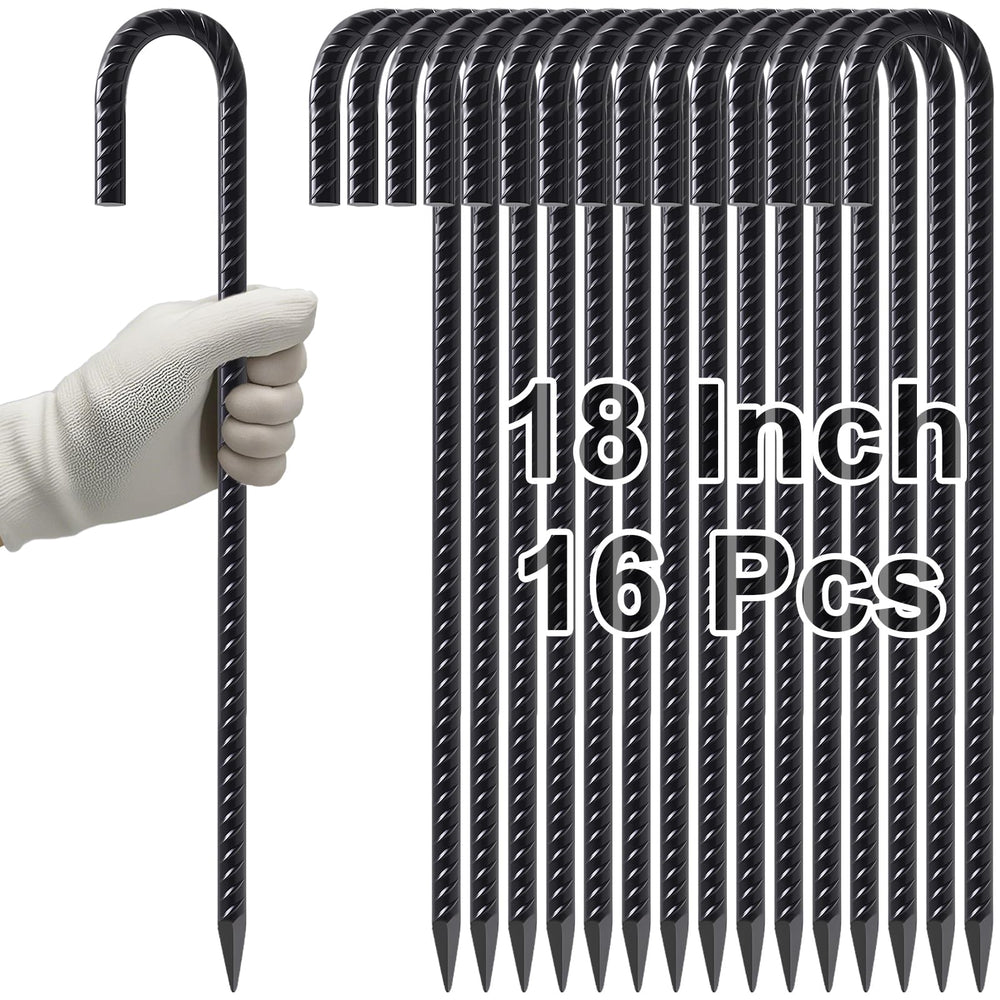 VVOKGO rebar stakes 18-inch pack of 16 with J-hook for secure tent anchoring outdoors.