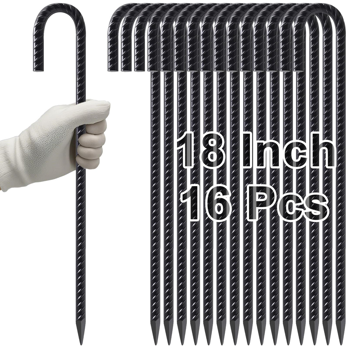 VVOKGO rebar stakes 18-inch pack of 16 with J-hook for secure tent anchoring outdoors.
