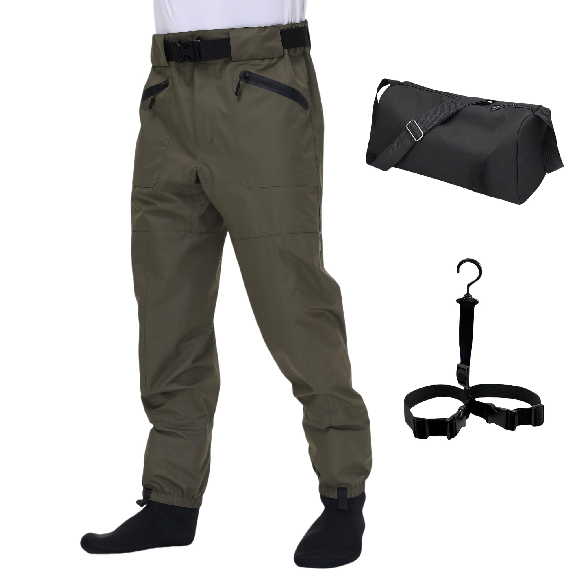 VZKAK fishing waders olive green front view with neoprene stocking feet