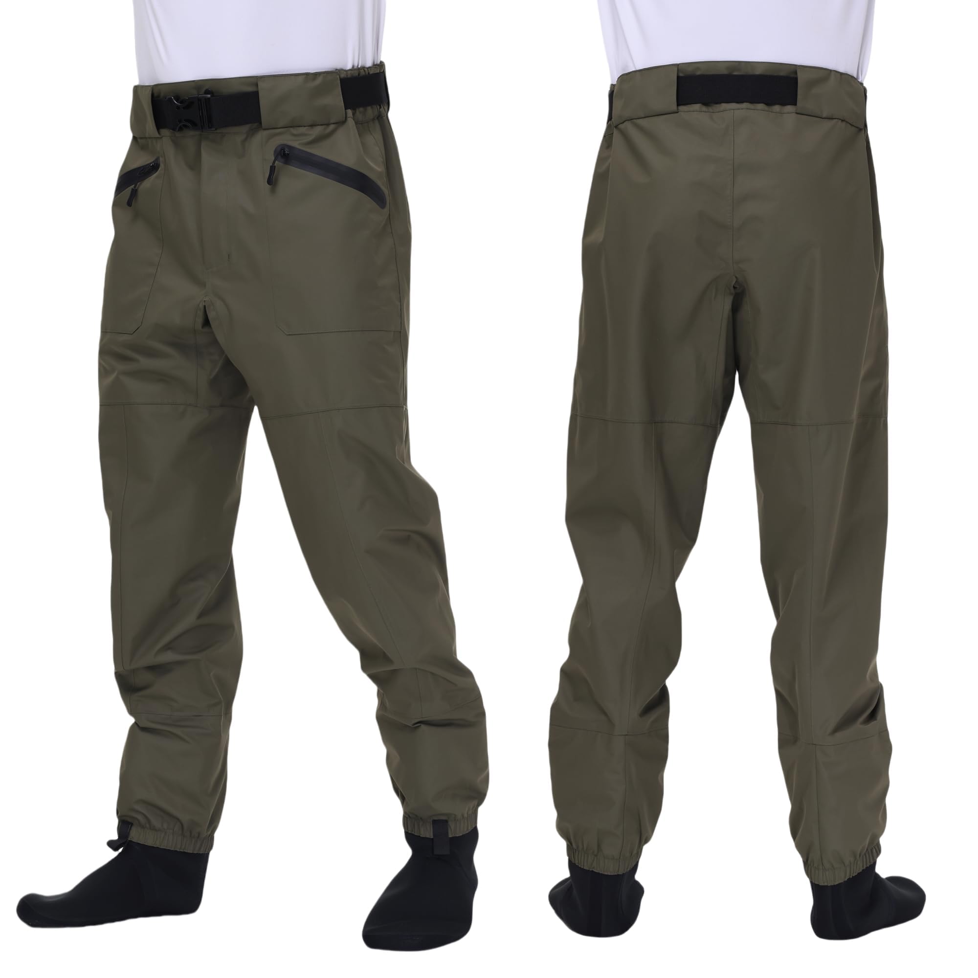 Model wearing VZKAK fishing waders in olive green