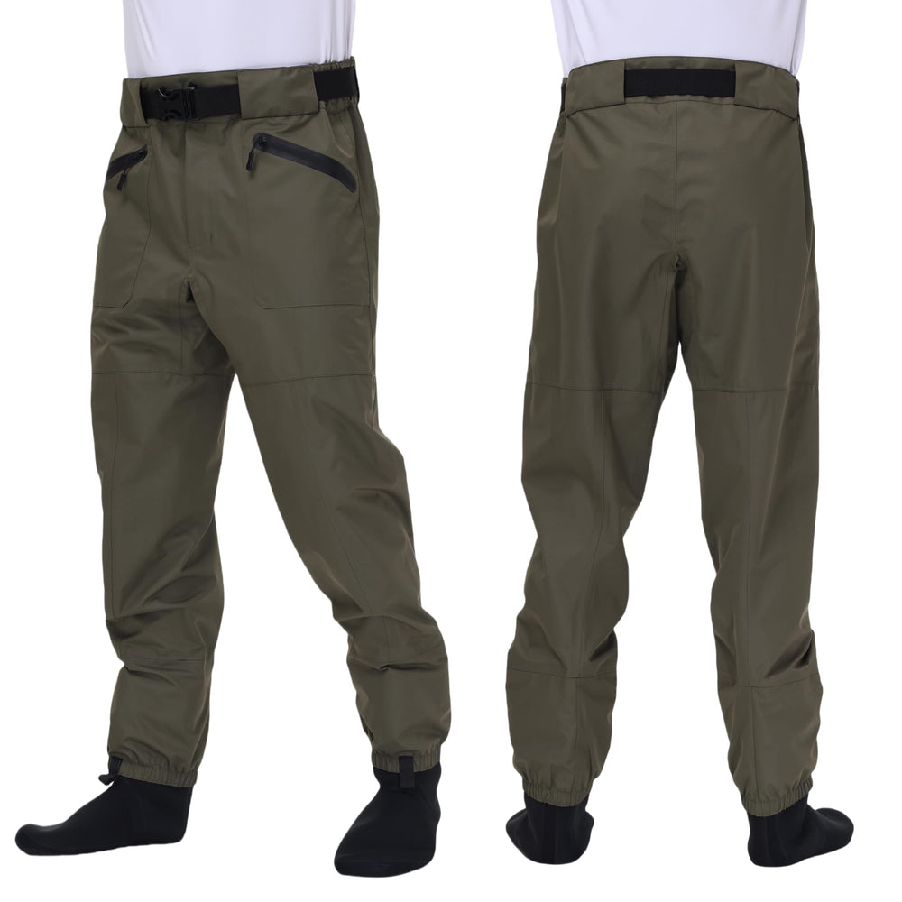 Model wearing VZKAK fishing waders in olive green