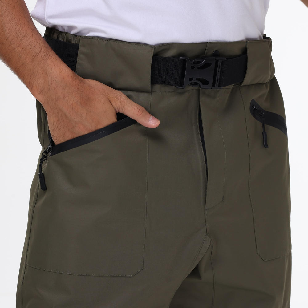 Olive green wading pants with neoprene stocking feet