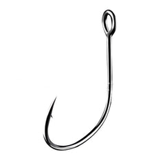 Vzuiwkfmr ringed-eye hook close-up, sturdy high-carbon steel for saltwater durability.
