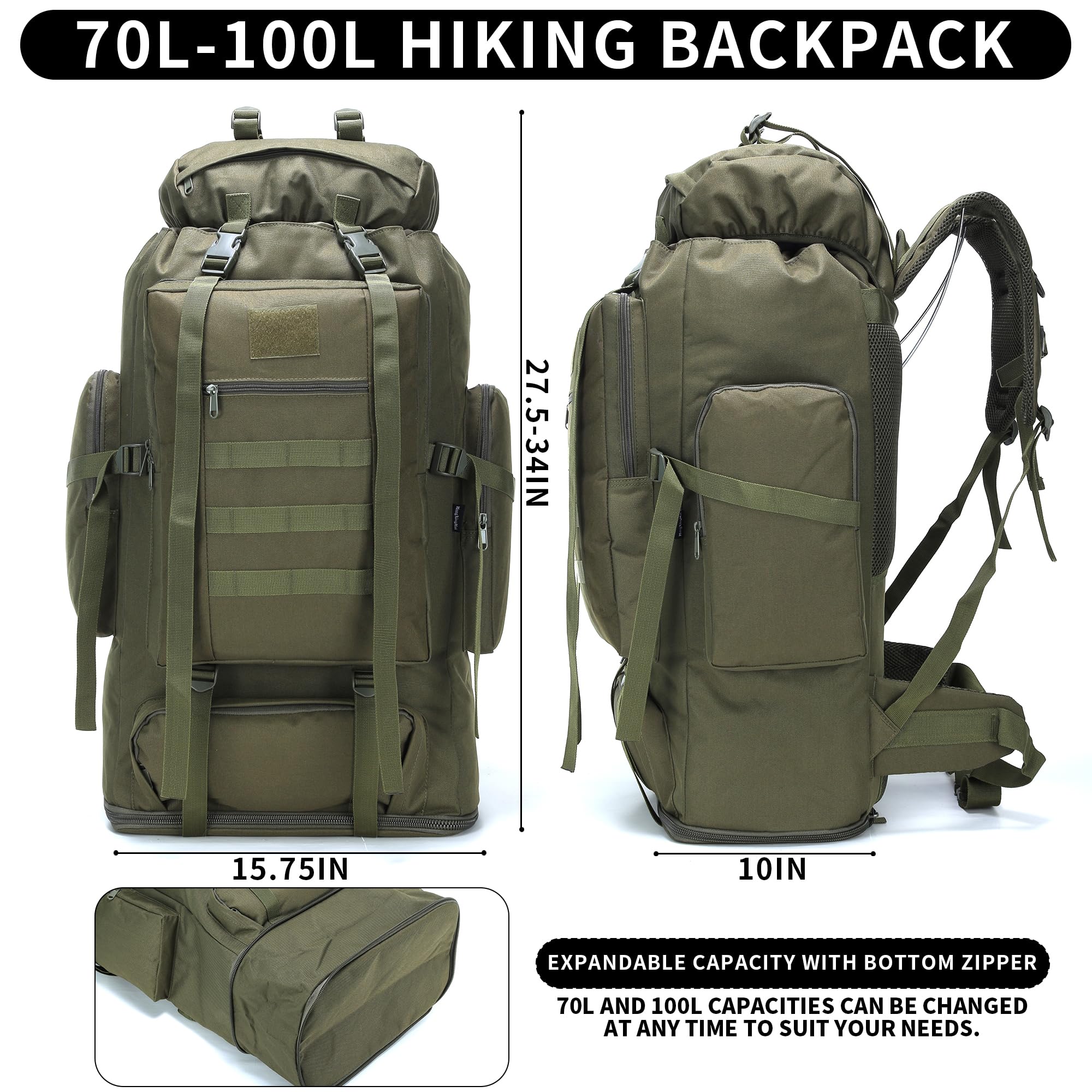 W WINTMING 70L hiking backpack back view highlighting padded support