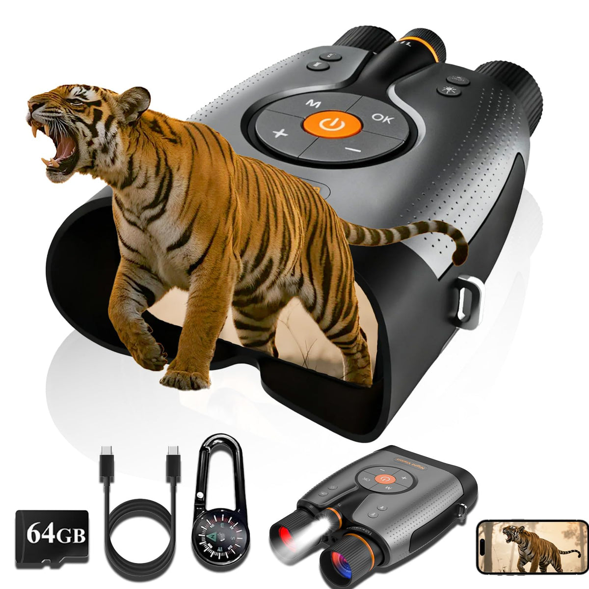Waaniynan True 4K Night Vision Binoculars front view for high-resolution 4K video and stills.