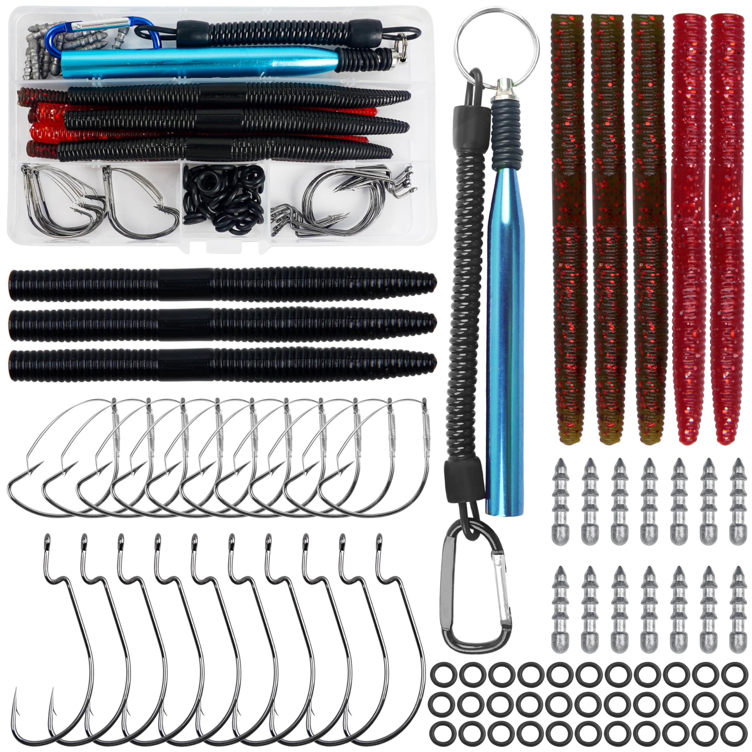 Wacky rig worm fishing lures kit display with 94pcs components