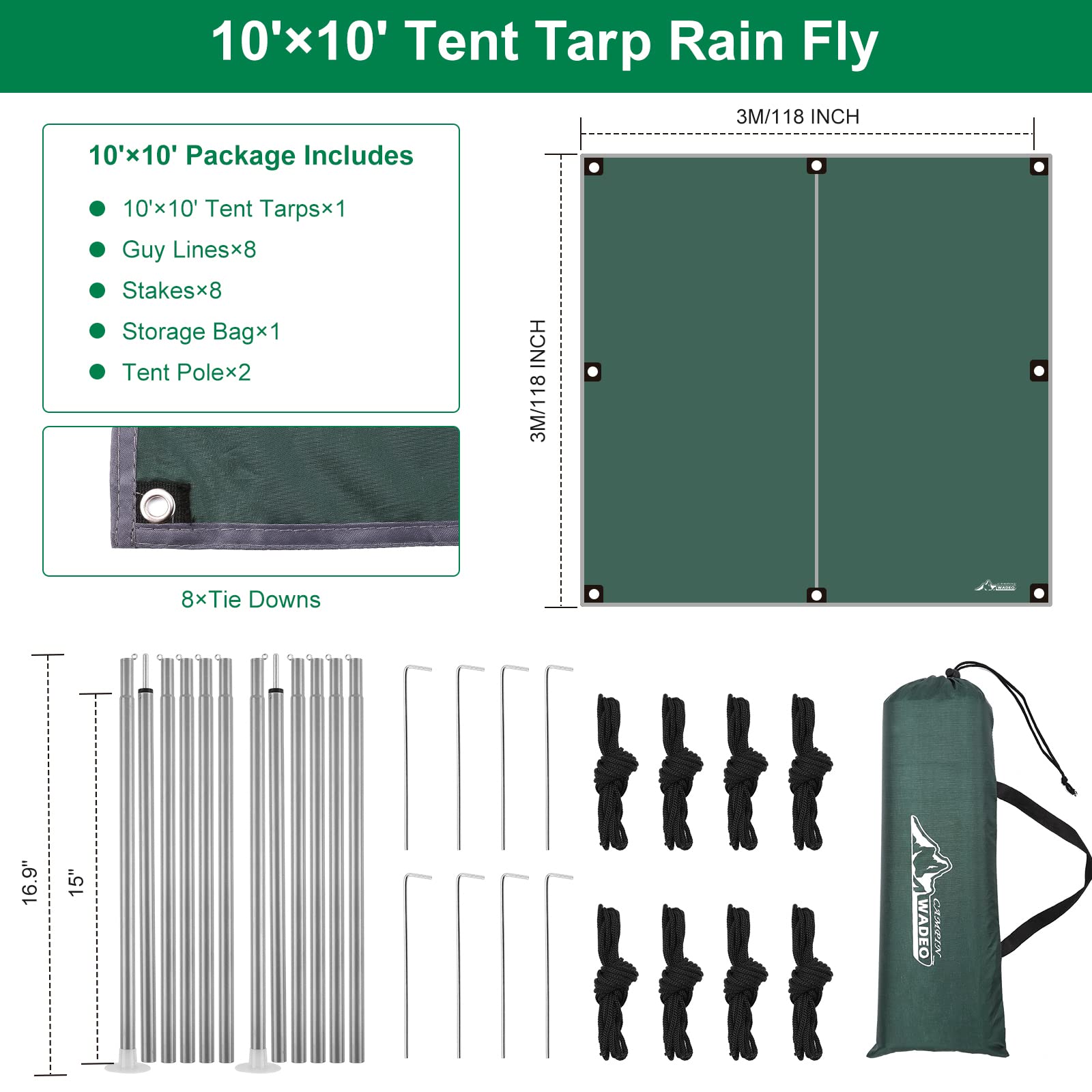 WADEO tarp guy lines secure a stable shelter in gusts.