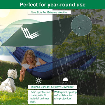 WADEO tarp hammock rain fly adds elevated shade during camping.