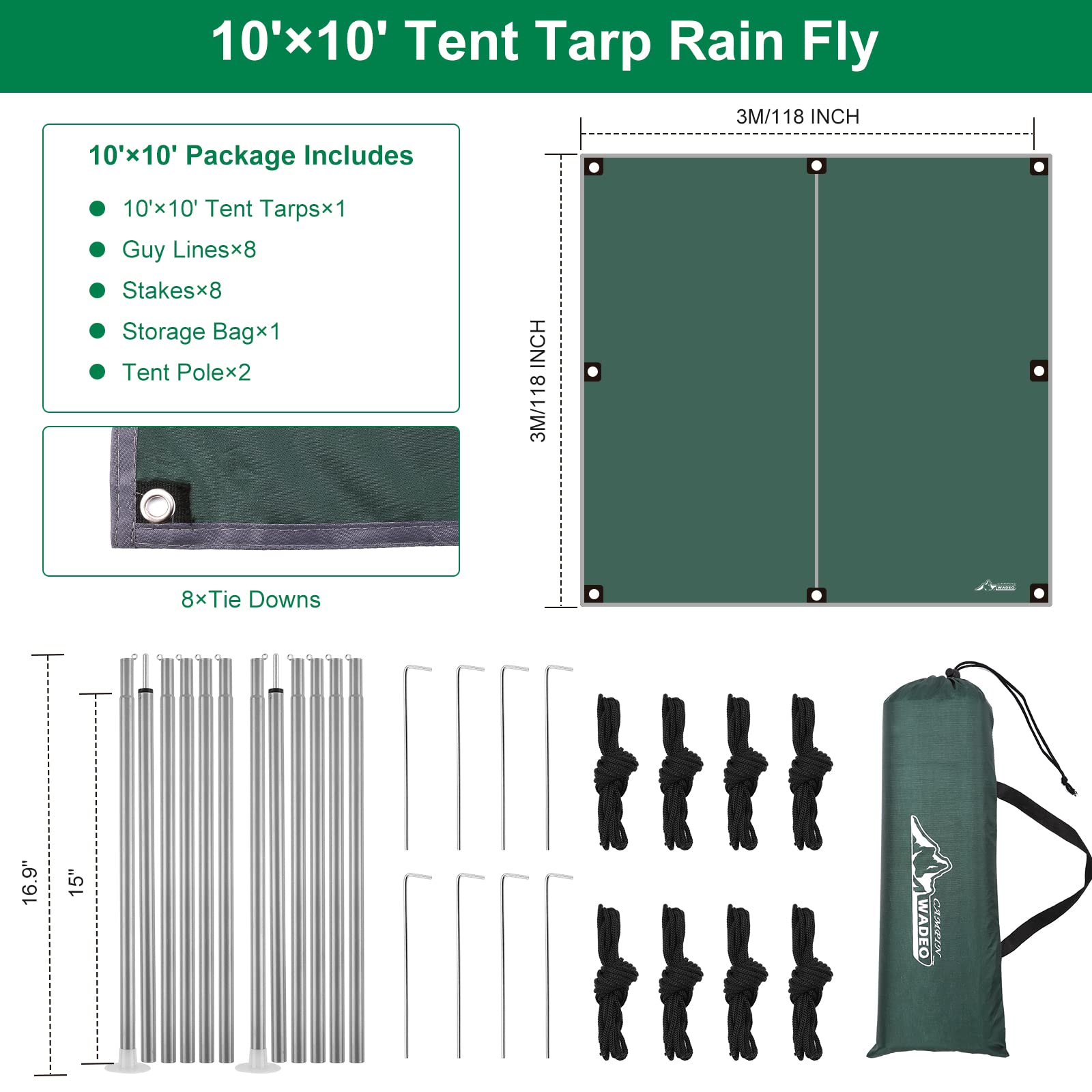 WADEO tarp stakes stabilize shelter in windy conditions.