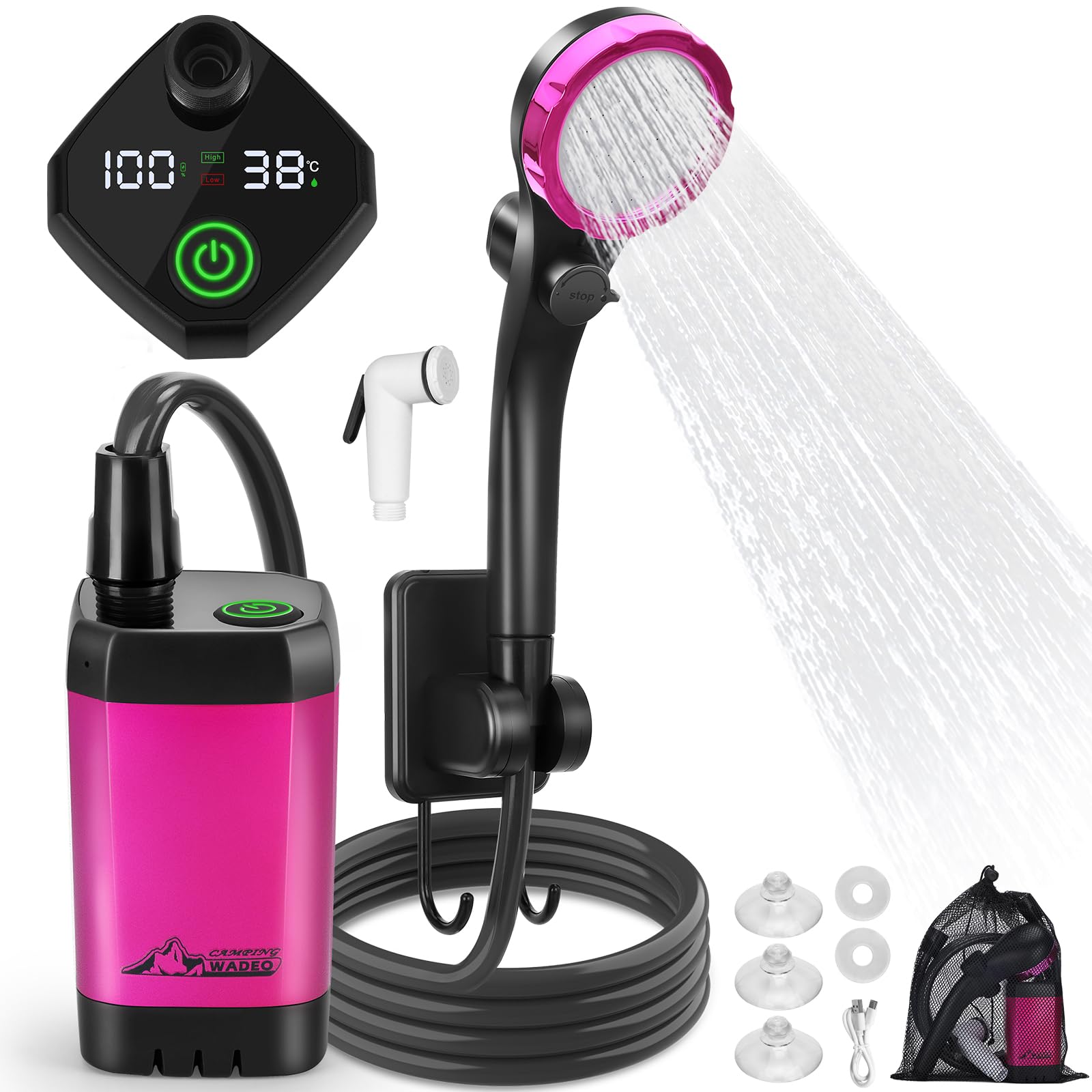 WADEO portable shower battery 6000mAh powers off-grid showers, all-day reliability