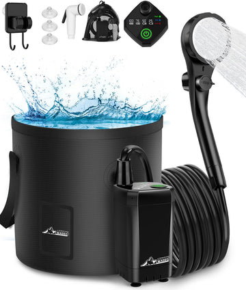 Wadeo portable shower with digital display shows battery and temperature for confident use.