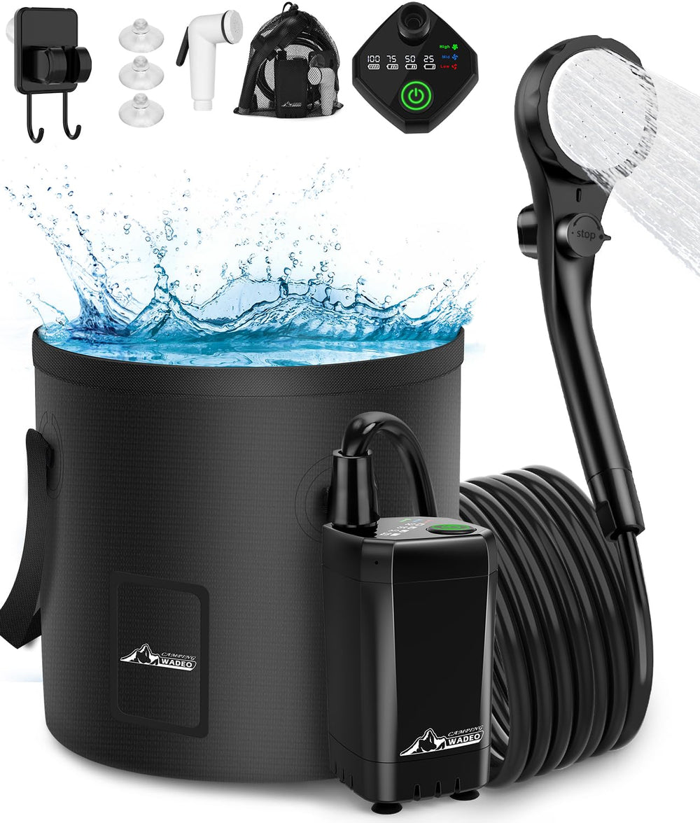 Wadeo portable shower with digital display shows battery and temperature for confident use.