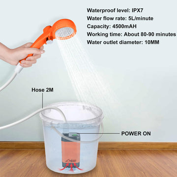 WADEO portable shower hanging on a tree shows outdoor shower flexibility.