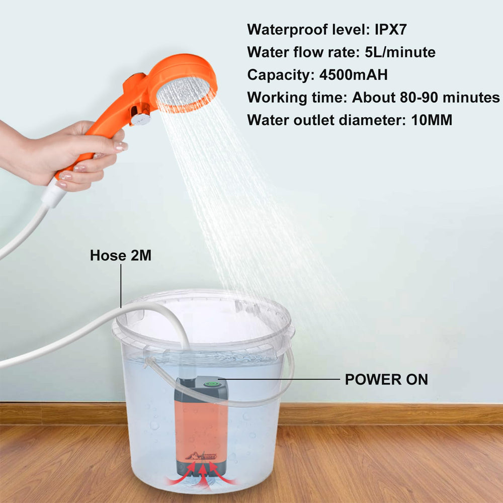 WADEO portable shower hanging on a tree shows outdoor shower flexibility.