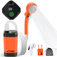 WADEO portable shower with intelligent display shows power status for quick camping setup.