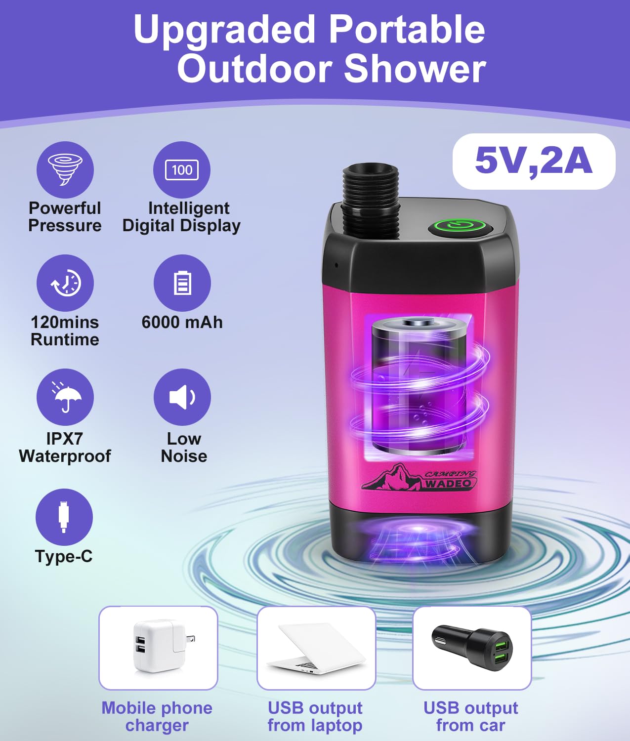 WADEO portable shower outdoor-use ready for camping, hiking, and travel