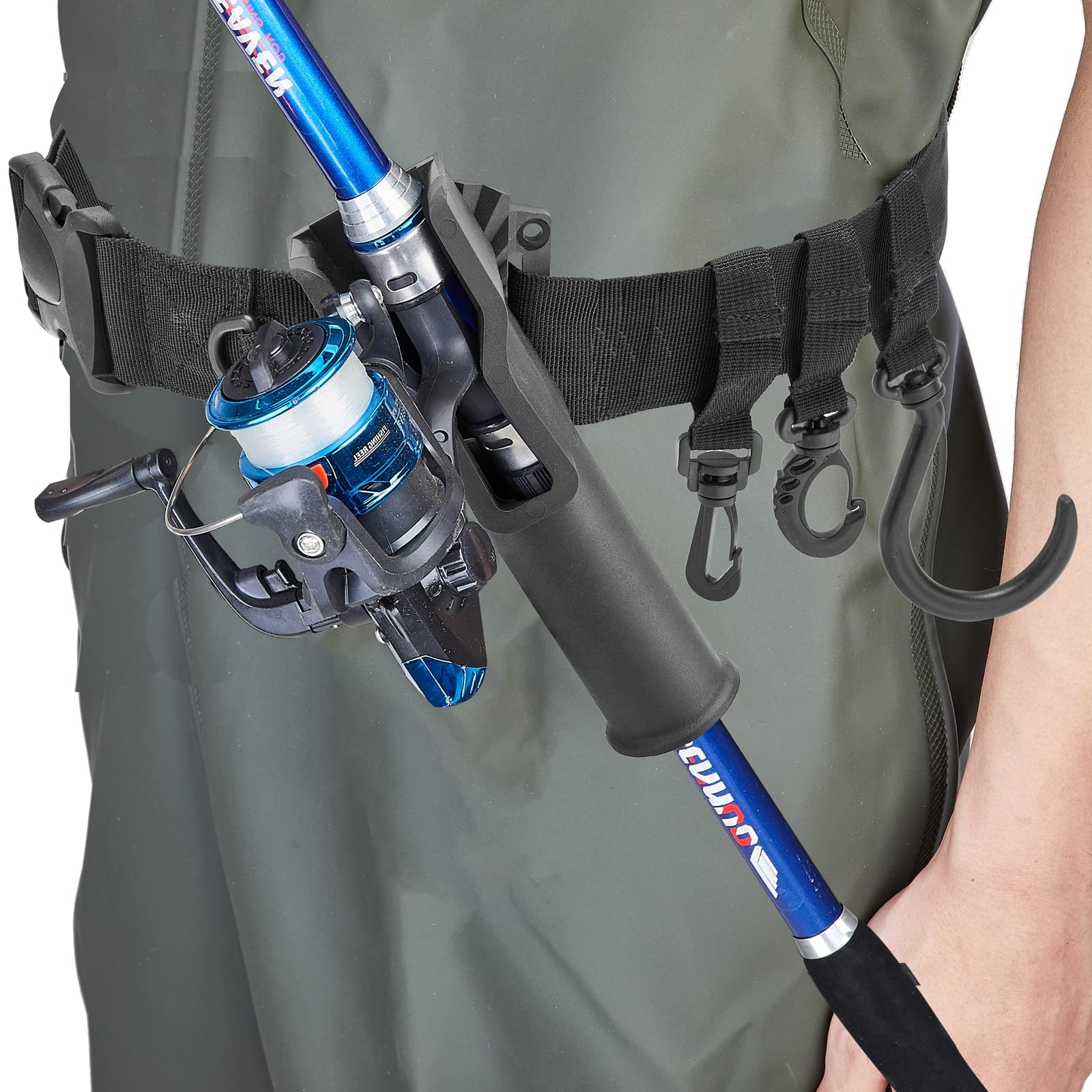 Rod holder installed on fishing belt with strap